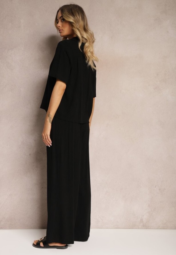 Czarny Komplet 2-Częściowy Koszula z Krótkim Rękawem Zapinana na Guziki Spodnie Długie Curetta