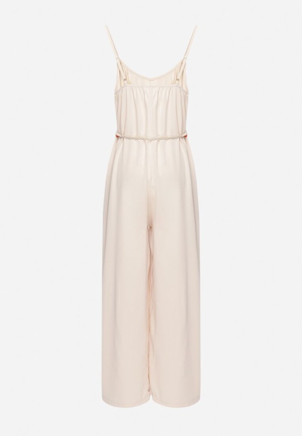Jasnobeżowy Kombinezon na Cienkich Regulowanych Ramiączkach ze Ściągaczem w Talii Huetta