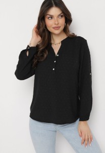 Czarna Bluzka z Tkaniny Plumeti z Guzikami Irlena