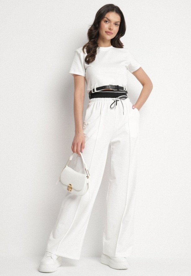 Biały Bawełniany Komplet Bluzka z Usztywnianymi Ramionami i Szerokie Spodnie Jasivna