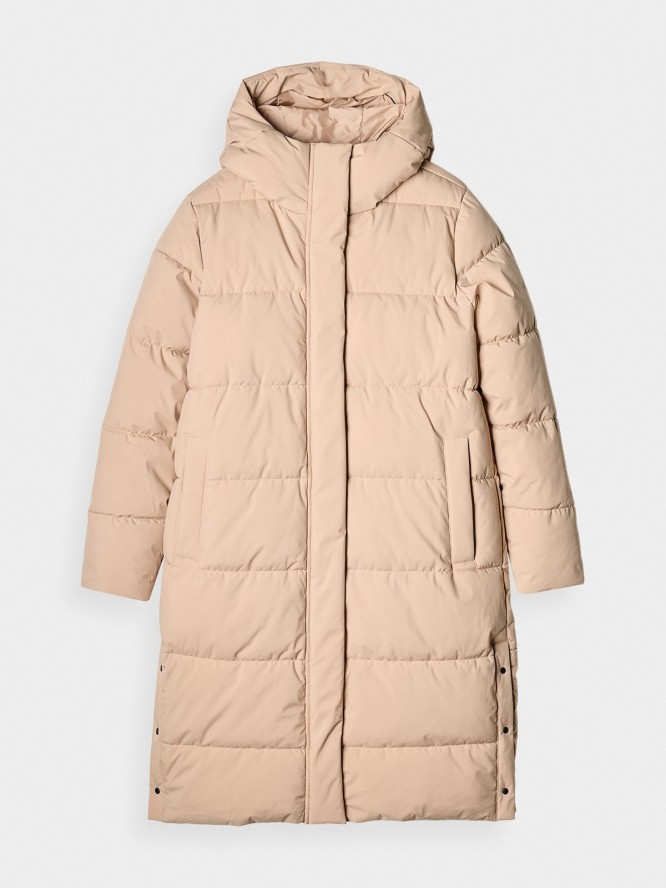 4F Długi płaszcz puchowy z syntetycznym wypełnieniem damski - beżowy XXL