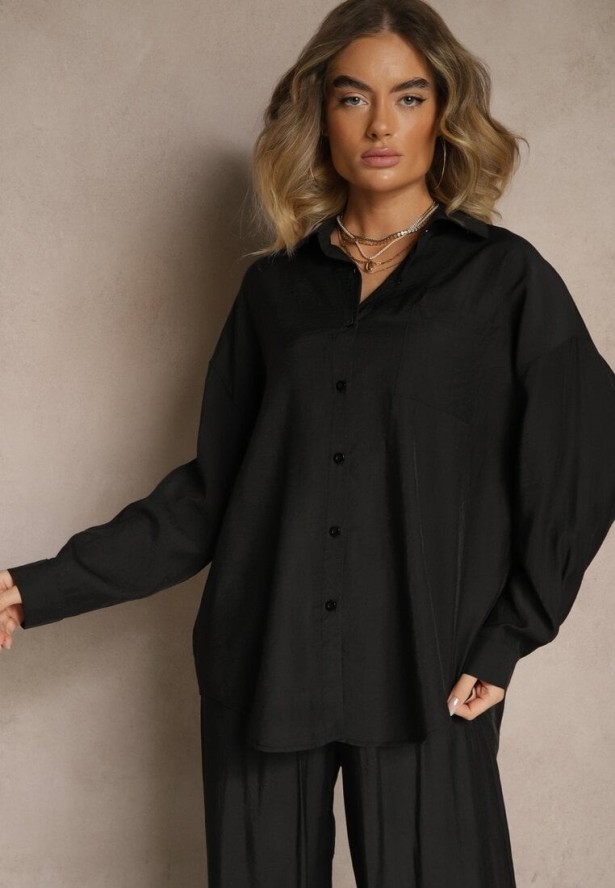 Czarna Koszula Oversize w Klasycznym Stylu z Kieszonką Liozira