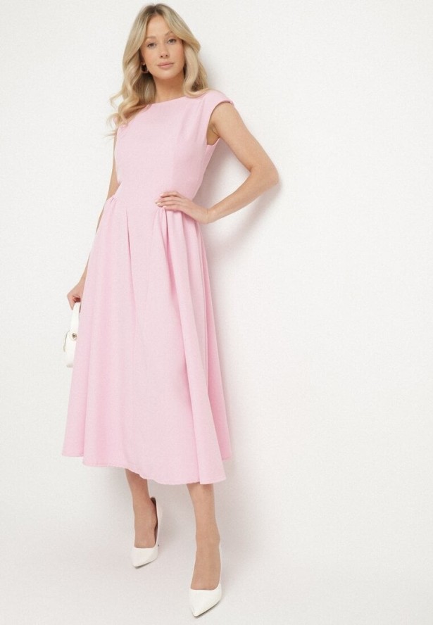 Różowa Sukienka o Rozkloszowanym Kroju z Wiązaniem i Dekoltem w Łódkę Aladriela