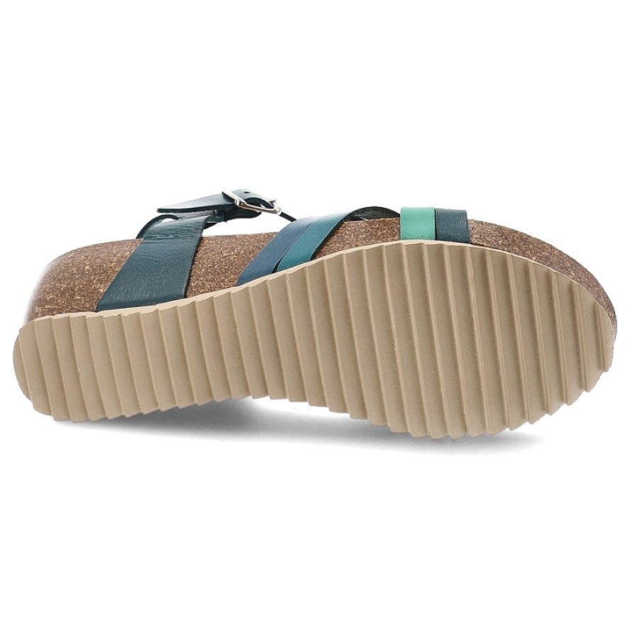 Sandały damskie HEE, na koturnie skórzane licowe na sprzączkę, niebieskie, 25001