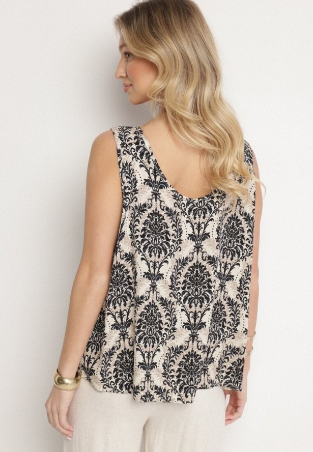 Czarno-Beżowa Bluzka z Bawełny ze Wzorem Boho Napolea