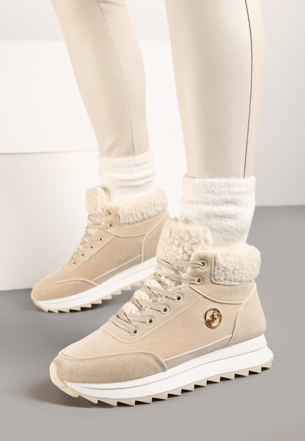 Beżowe Sneakersy Mocno Ocieplone Sztucznym Futerkiem Rosanas