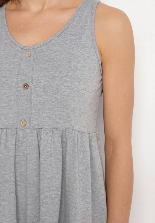 Jasnoszara Sukienka o Rozkloszowanym Kroju na Szerokich Ramiączkach z Guzikami Jenovira