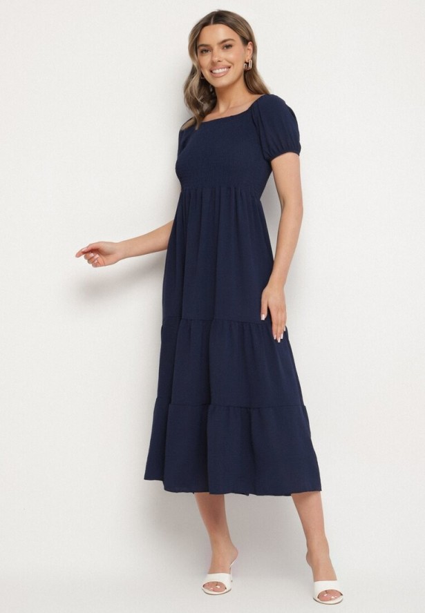 Granatowa Rozkloszowana Sukienka z Dekoltem Typu Hiszpanka z Marszczeniem Lumorice