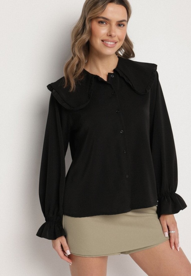 Czarna Koszula z Ozdobnym Kołnierzykiem i Falbankami Emilarae