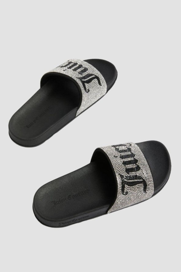 JUICY COUTURE Czarne klapki damskie ze srebrnymi cyrkoniami Donna Slider, Rozmiar 37