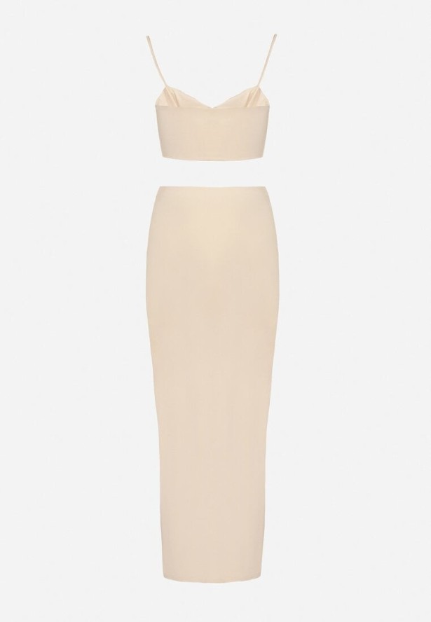 Beżowy Komplet z Wiskozą Top na Ramiączkach i Spódnica z Rozcięciem Savolise