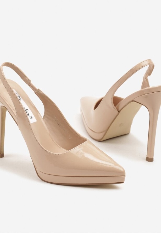 Beżowe Lakierowane Sandały Szpilki z Odkrytą Piętą Noviane