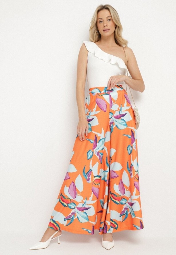 Pomarańczowe Spodnie Wiskozowe Szerokie we Florystyczny Print Orelvia