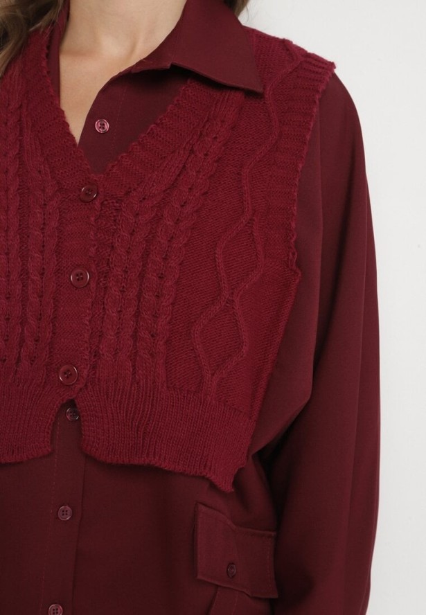 Bordowa Koszula o Nietoperzowym Kroju z Naszytą Dzianinową Kamizelką Hanorielin