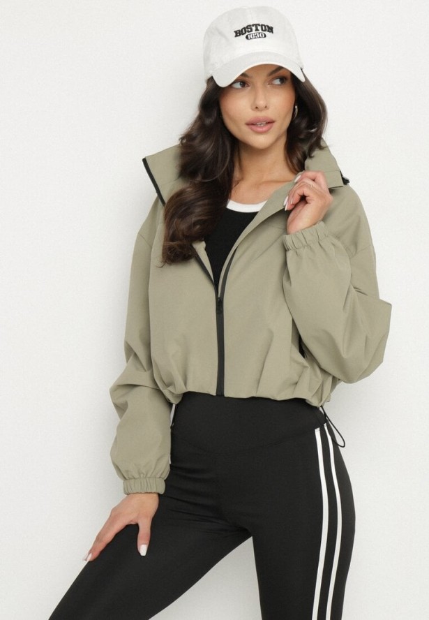 Ciemnozielona Sportowa Kurtka o Kroju Oversize z Kapturem i Ściągaczem w Pasie Voliana