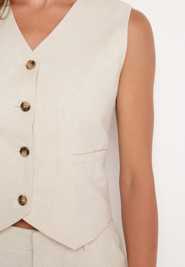 Beżowa Bawełniana Kamizelka Garniturowa Zapinana na Guziki Tiamaire