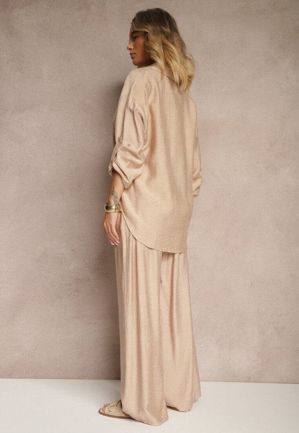 Beżowy Wiskozowy Komplet o Luźnym Kroju z Koszulą i Spodniami Sesorilia