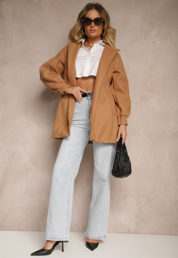 Ciemnobeżowy Płaszcz z Wiązanym Paskiem i Bufiastym Rękawem Agnage