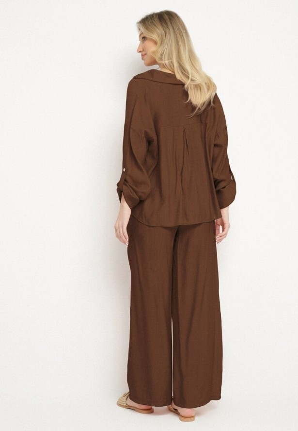 Brązowy Wiskozowy Komplet Oversize Koszula i Spodnie z Gumką w Talii Natilira