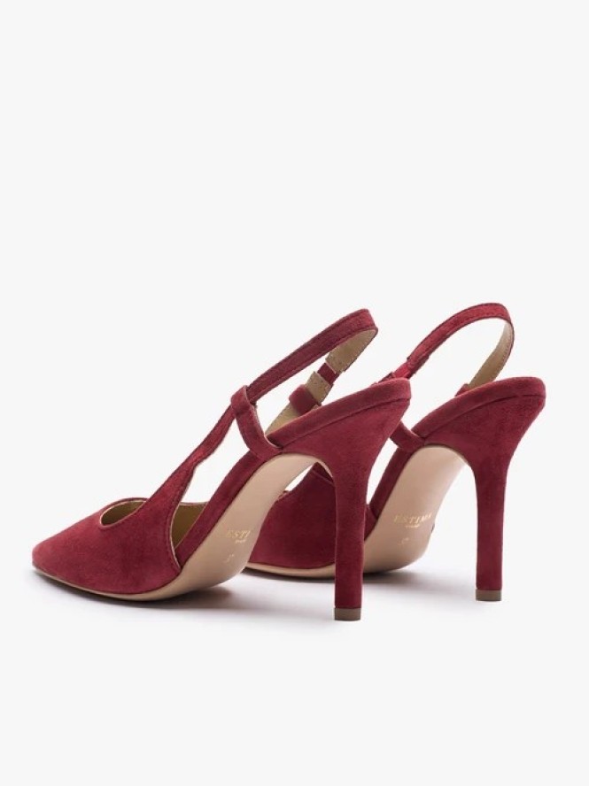 Bordowe czółenka slingback bez pięty ze skóry welurowej