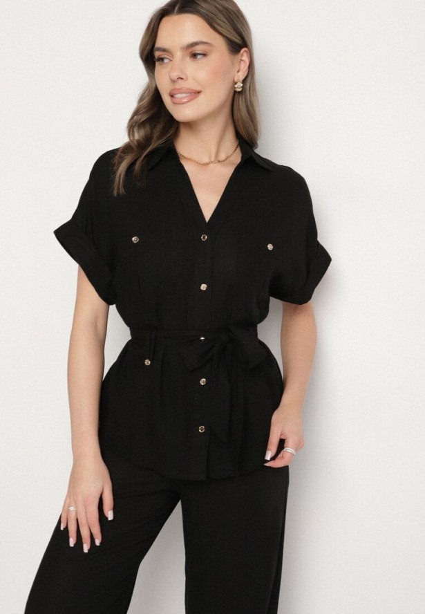 Czarny Komplet z Bawełną Koszula Ozdobiona Paskiem i Spodnie Rinosella