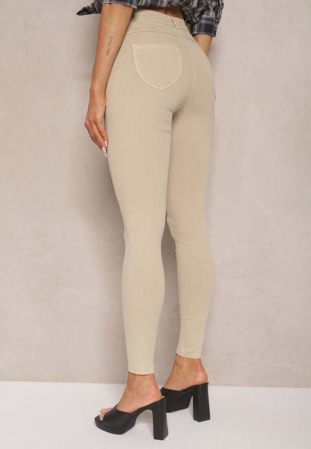 Beżowe Skinny Jeansy z Bawełną High Waist Lorie