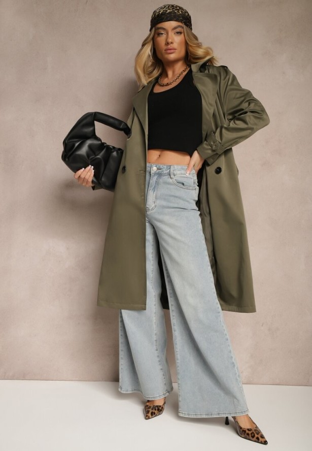 Ciemnozielony Długi Płaszcz Trencz Dwurzędowy z Paskiem w Komplecie Sabila