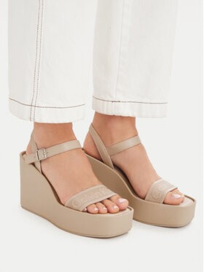 Calvin Klein Sandały Wedge 70 Sndl Webbing Lth HW0HW02882 Beżowy