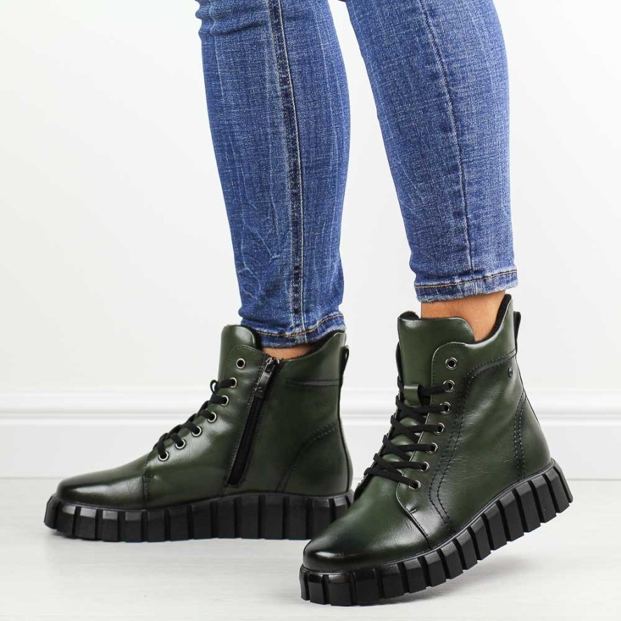 Zielone botki damskie na traperze Potocki 12222