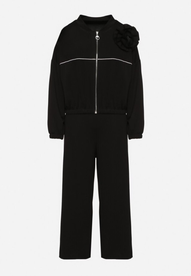 Czarny Komplet Dresowy z Wiskozą Szerokie Spodnie i Bluza ze Stójką i Broszką Redasena