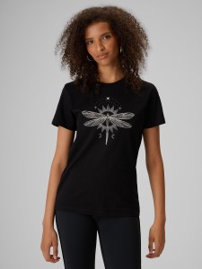 4F T-shirt regular z nadrukiem damski - czarny XL