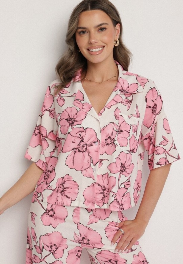 Różowy Komplet w Kwiatowy Wzór Koszula z Krótkim Rękawem i Spodnie Revailise