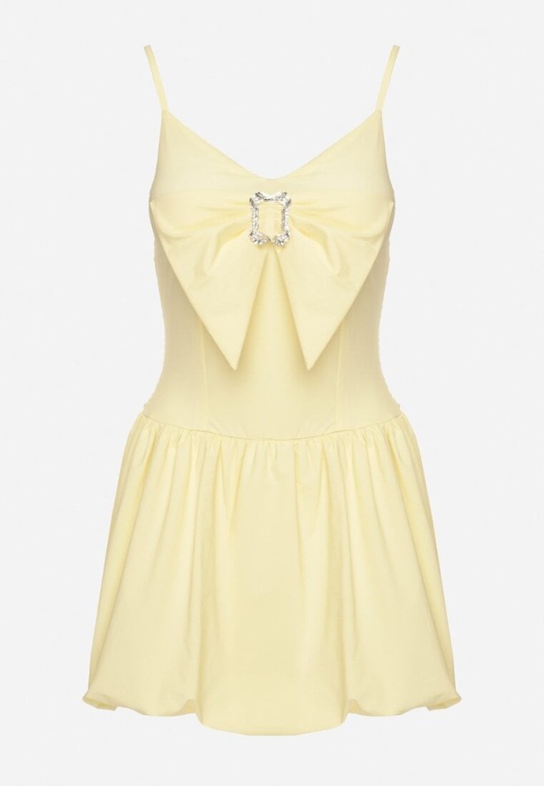 Żółta Sukienka Bombka na Cienkich Ramiączkach z Kokardą i Cyrkoniami Paliandria