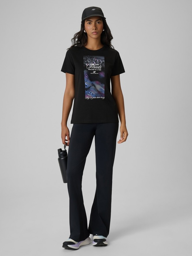 4F T-shirt regular z nadrukiem damski - czarny L
