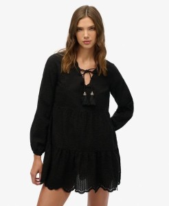 superdry Sukienka Broderie Tiered Mini z bawełny czarna – Black