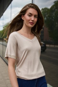 Lekki sweter z krótkimi rękawami beżowy