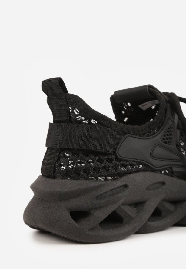 Czarne Siateczkowe Buty Sportowe Sneakersy na Grubej Tłoczonej Podeszwie Telarienna