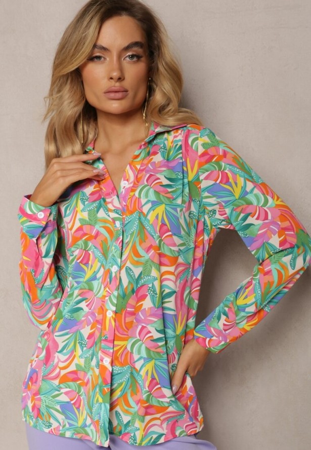 Zielono-Różowa Koszula o Klasycznym Kroju we Florystyczny Print Ationama