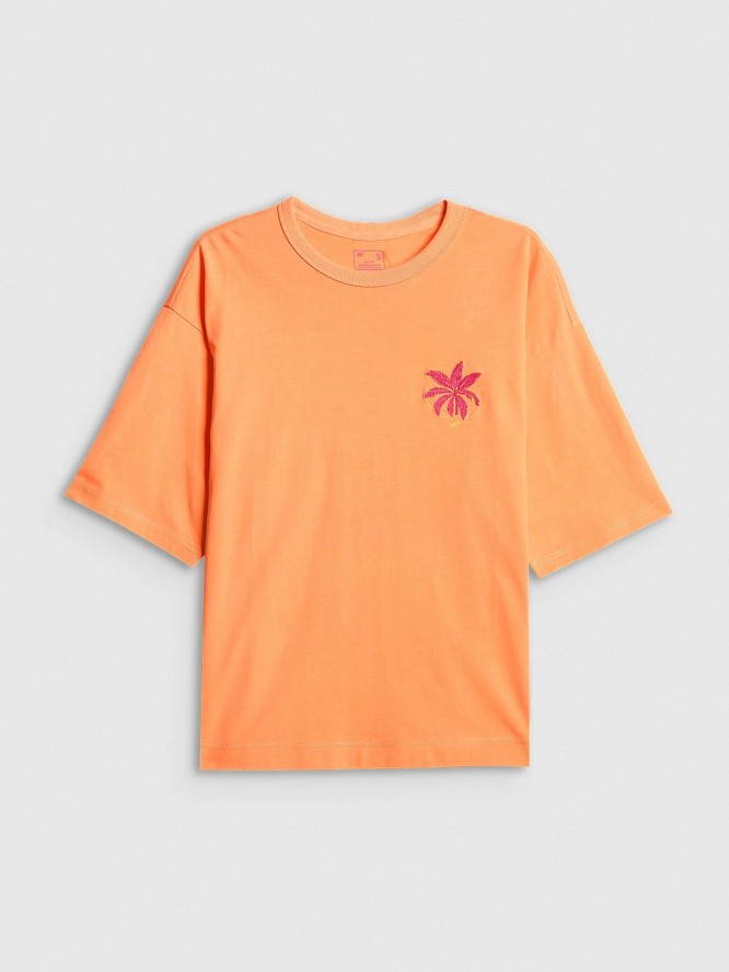 4F T-shirt boxy z nadrukiem damski - pomarańczowy S
