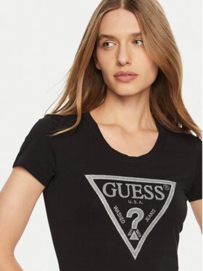 Guess T-Shirt SS CN SHINY TRIANGLE Czarny Shirt Fit