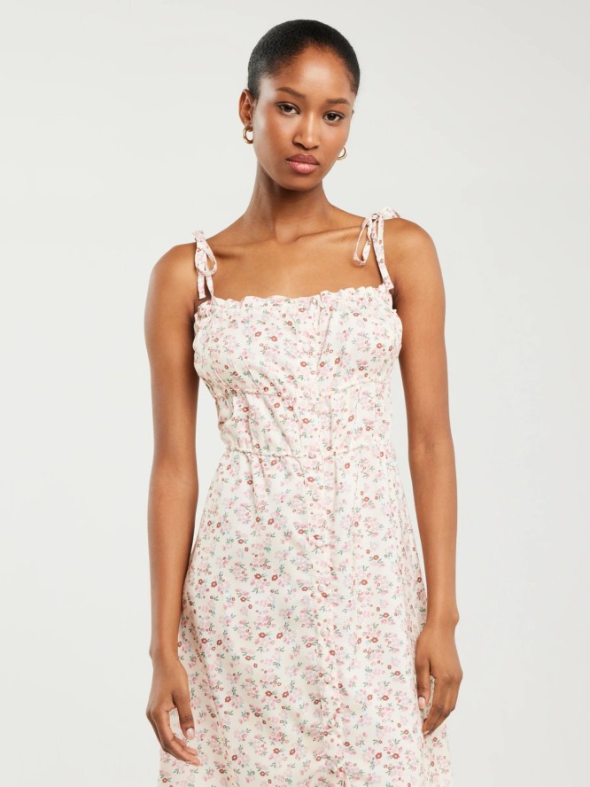 Sukienka damska mini z wiskozy z motywem kwiatowym kremowa Casie 102