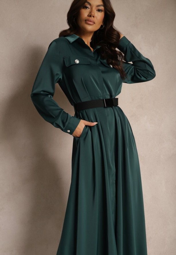 Zielona Satynowa Sukienka w Stylu Szmizjerki z Imitacjami Kieszeni i Paskiem Vaminay