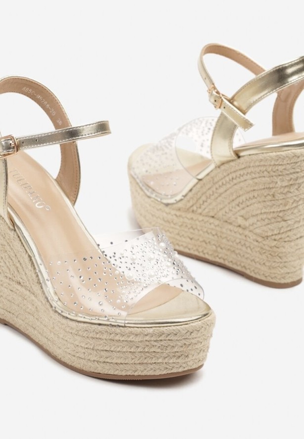 Złote Przezroczyste Sandały na Koturnie z Plecionką i Cyrkoniami Alulia