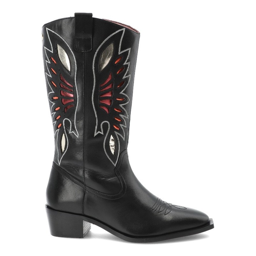 Kowbojki damskie Gioseppo, skórzane z noskiem w szpic na klocku z wysoką cholewką i zapinane na zamek, czarne, Nisswa-76094