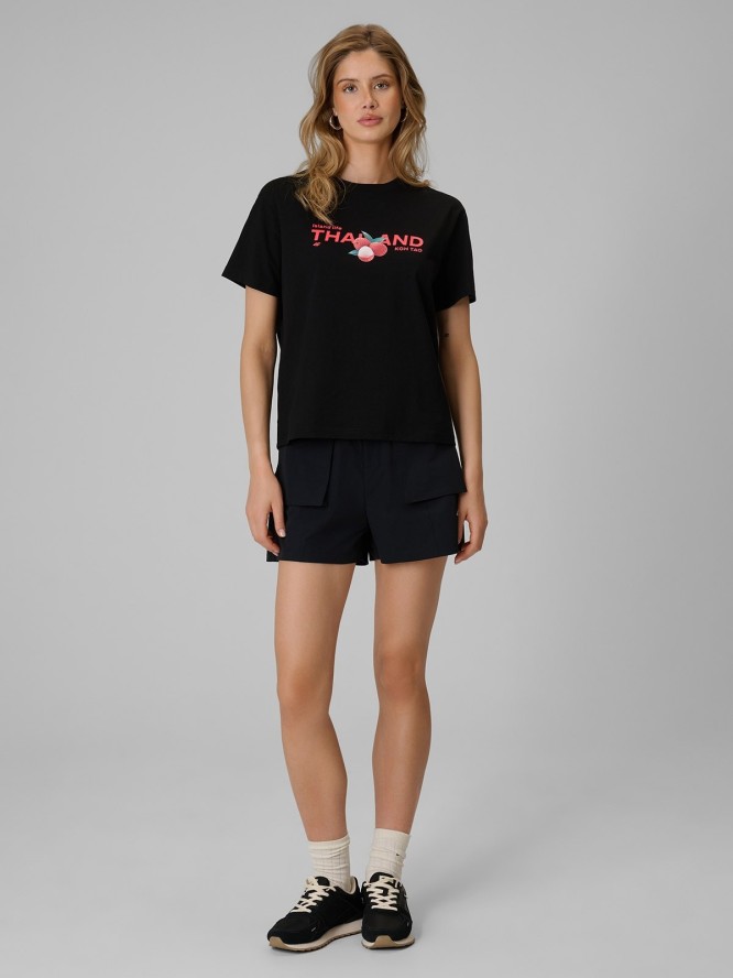 4F T-shirt loose z nadrukiem damski - czarny XS