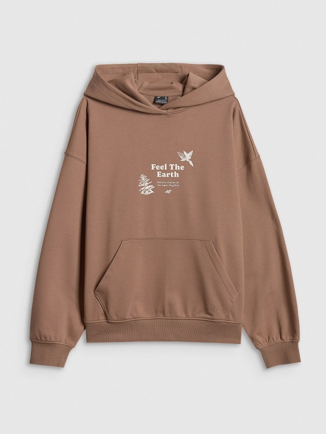 4F Bluza dresowa loose z kapturem damska - beżowa S