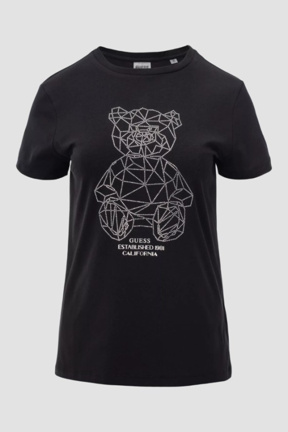GUESS Czarny damski t-shirt na krótki rękaw z cyrkoniami Romy, Rozmiar S