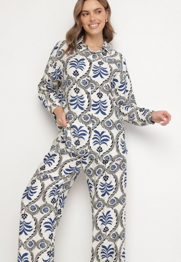 Niebieski Komplet z Wiskozą Koszula i Spodnie z Gumką w Pasie z Roślinnym Motywem Diviren