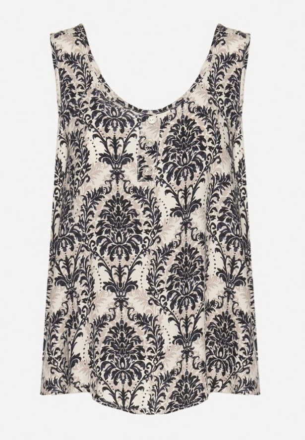 Czarno-Beżowa Bluzka z Bawełny ze Wzorem Boho Napolea