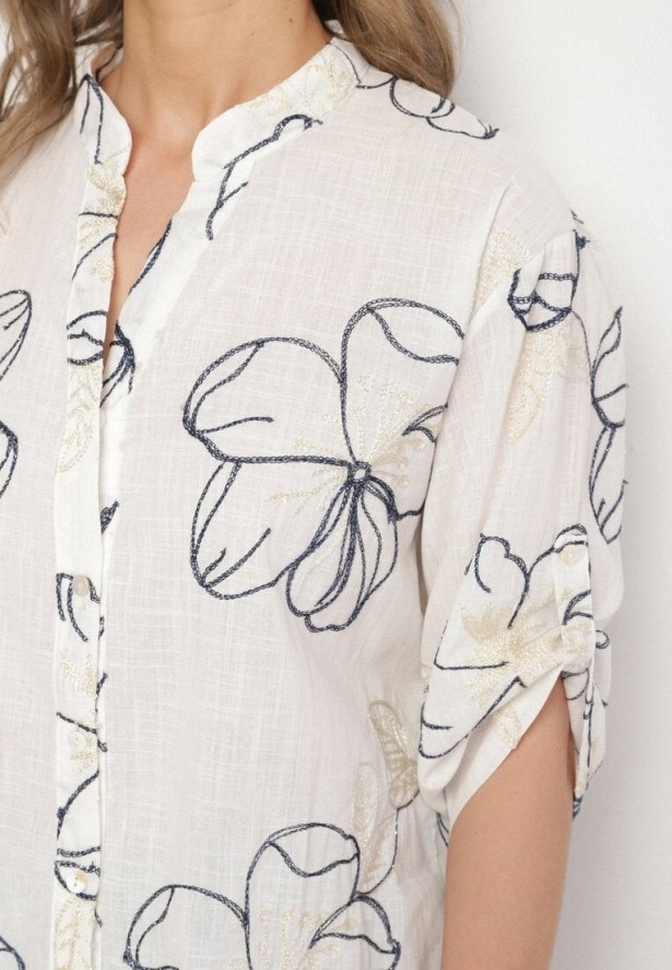 Biało-Granatowa Koszula o Kroju Oversize z Podpinanymi Rękawami Zdobiona Haftem Folirella